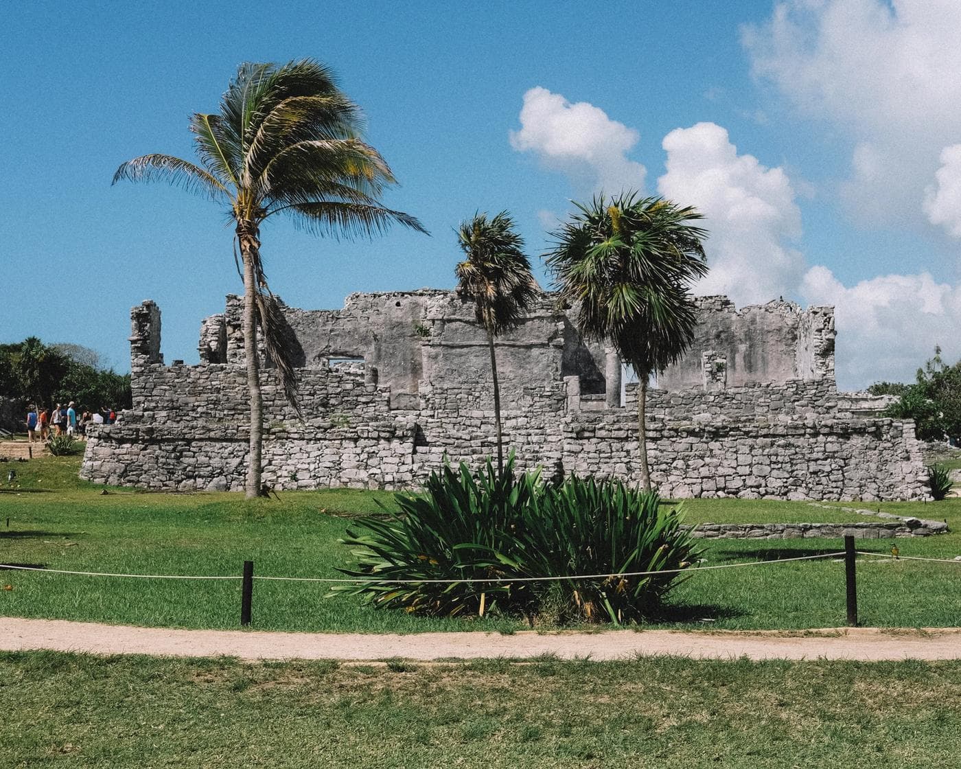 Wide image of the Mayan ruins in Mexico within broad daylight.